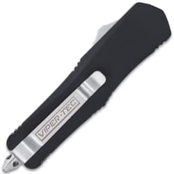 The 7” overall OTF pocket knife has a stainless steel reversible pocket clip and a “battle-tested” glass breaker pommel