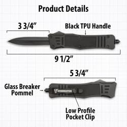 Zoomed view of the glass breaker pommel located at the top of the textured TPU knife handle.