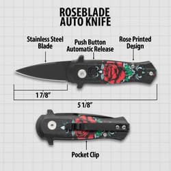 Diagram of Roseblade Auto Knife with features labeled