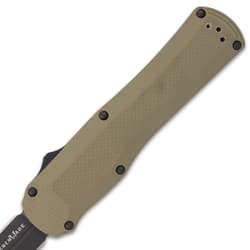 The 5” handle is made of olive drab G10 and features a deep-carry, reversible tip-down pocket clip