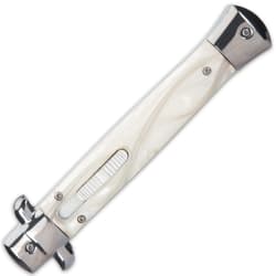 Closed pearl handle switchblade stilleto pocket knife with silver accents and a slide trigger.