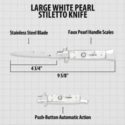 Diagram of large white pearl stiletto knife with dimensions