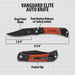 Black and wood Vanguard Elite Knife specifications