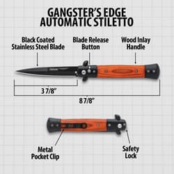 A detailed diagram of the Gangster's Edge Automatic Stiletto Knife, both in its open and closed positions, highlighting its measurements, and labeled parts for clarity.