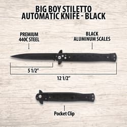 Diagram of black stiletto knife with dimensions