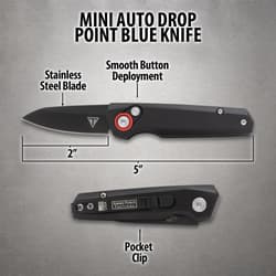 Diagram of mini auto drop point blue knife