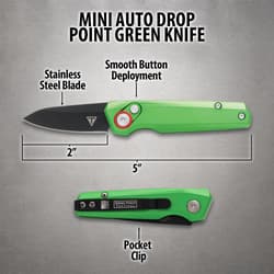 Diagram of mini auto drop point green knife with labels
