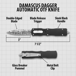 “Damascus Dagger Automatic OTF” text shown above a diagram detailing specifics of the knife, like its 7 1/2" overall length.