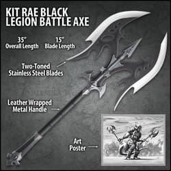 Kit Rae Black Legion Battle Axe - Stainless Steel Blades, Leather-Wrapped Handle, Metal Handle Accents, Includes Art Print - Length 35”