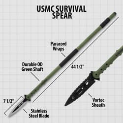 Diagram of USMC survival spear with measurements and features