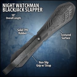 Night Watchman Blackjack Slapper - Solid TPR Rubber Construction, Molded Texture, Genuine Leather Handle Strap - Length 10”
