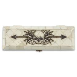 Skull And Arrow Bone Box - Genuine Bone, Brass Hinged Lid, Etched Design, Felt Lined Interior And Bottom - Dimensions 7” x 2 3/8” x 1/2"