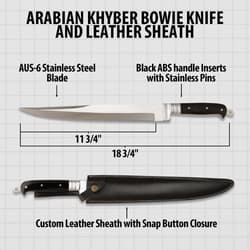 Diagram of Arabian Khyber Bowie Knife and leather sheath with specifications