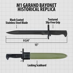 M1 Garand bayonet replica with dimensions and features labeled