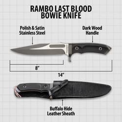 Rambo Last Blood Bowie Knife Length Diagram showcasing 8” hand-ground stainless steel bowie blade with a polished and satin .