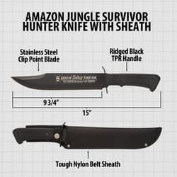 Knife with sheath, dimensions and features labeled