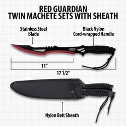 Diagram of Red Guardian machete set with sheath and dimensions
