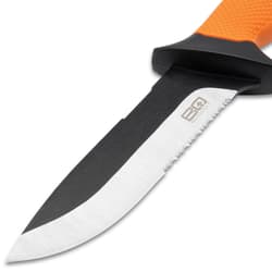 The two-tone blade has partial serrations.