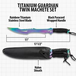 Diagram of titanium machete set with dimensions and features