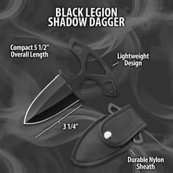 Black Legion Shadow Dagger with dimensions and nylon sheath details highlighted