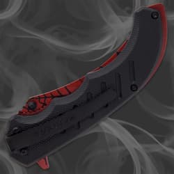 The pocket knife has a TPU handle with a metal pocket clip; the survival knife has a TPR handle with a textured, ridged grip