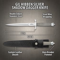 Angled view of mirror polished double-edged dagger with wire-wrapped hilt and "Gil Hibben" etching.