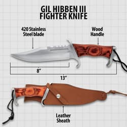 Gil Hibben 3 Knife Rambo Knife Length Diagram showcasing 8" blade crafted from 420 stainless steel for durability and sharpness.Measures 13" overall