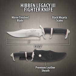 Mirror polished fighter knife with a black micarta handle with red accents and various curved edges.