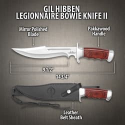 Gil Hibben Legionnaire Bowie Knife II With Leather Belt Sheath - 7Cr17 Stainless Steel Blade, Dark Brown Pakkawood Handle, Stainless Steel Guard And Pommel