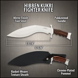 It has a perfectly sharp, 11 7/8” 5Cr15MoV tool steel blade with a mirror polished finish, extending from a chrome-plated guard