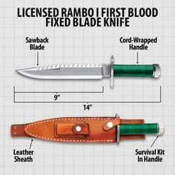 Rambo First Blood Licensed Rambo Knife Diagram 9 inch. Handle green cord, Brown leather Sheath