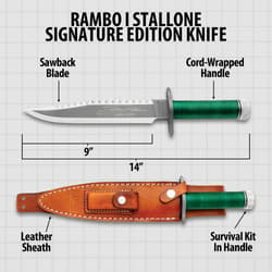 The Rambo I Signature Edition Knife 9" 420 J2 stainless steel saw-back blade, 1/4" thick for durability and precision.