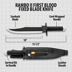 Rambo II First Blood Fixed Blade Knife Imposing Size 10-inch sawback blade overall length 15.5 inches.