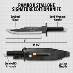 Rambo II Signature Edition Knife 10" 420 J2 stainless steel blade, 1/4" thick, ensures strength and sharpness.Measures 15 1/2" overall,