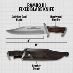 Rambo 3 Fixed Blade Knife 13 inch stainless steel blade and an 18-inch overall length. Polished hardwood handle.