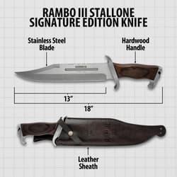 Rambo 3 Signature Edition Knife Length Diagram 8 3/4 blade length with saw back design on spine. Overall length 13/ 1/3