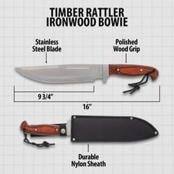 Diagram of Timber Rattler Ironwood Bowie knife with dimensions