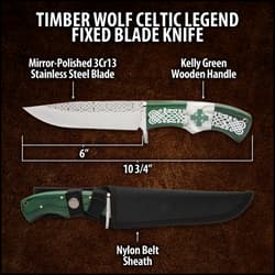 The Kelly green wooden handle scales are secured to the full-tang blade with brass pins and the handle has a lanyard hole