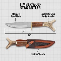 “Timber Wolf Stag Antler” text above imagery of the knife with 7” stainless steel blade, stag antler handle, and leather sheath.