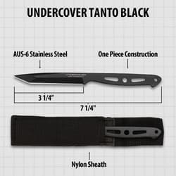 Diagram of black tanto knife with measurements and sheath