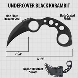Diagram of black karambit knife with dimensions