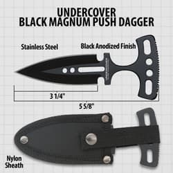 Diagram of black push dagger with measurements