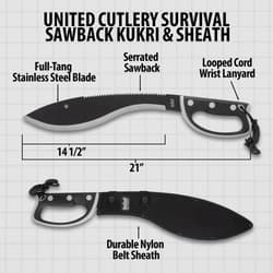Diagram of kukri machete with measurements and features