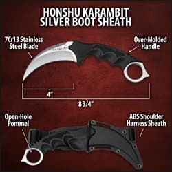 United Cutlery Silver Honshu Karambit With Shoulder Harness Sheath - 7Cr13 Stainless Steel Blade, Over-molded Handle - Length 8 3/4”