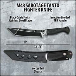 The knife’s black stainless steel blade is shown sliced into the side of a tree.