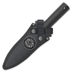 The spearhead comes with a dual strap nylon belt sheath stamped with the “Colombian Survival” logo.