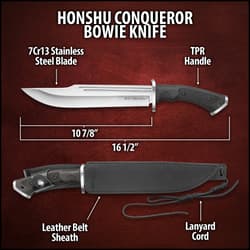 Honshu Conqueror Bowie Knife And Sheath - 7Cr13 Stainless Steel Blade, Grippy TPR Handle, Stainless Steel Guard - Length 16 1/2”