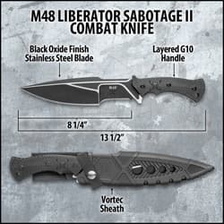 M48 Liberator Sabotage II Combat Knife With Sheath - Cast Stainless Steel, Black Oxide Coating, Layered G10 Handle - Length 13 1/2”