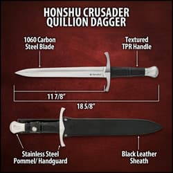 Upclose angled view of a silver dagger with  blood groves and a hand guard, with a cross-style symbol and "Honshu" displayed on the bottom right side of the blade.