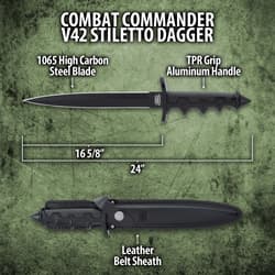 It has an 8 1/8”, 1065 carbon steel dagger blade with a hard, black coating and it goes down to a penetrating point